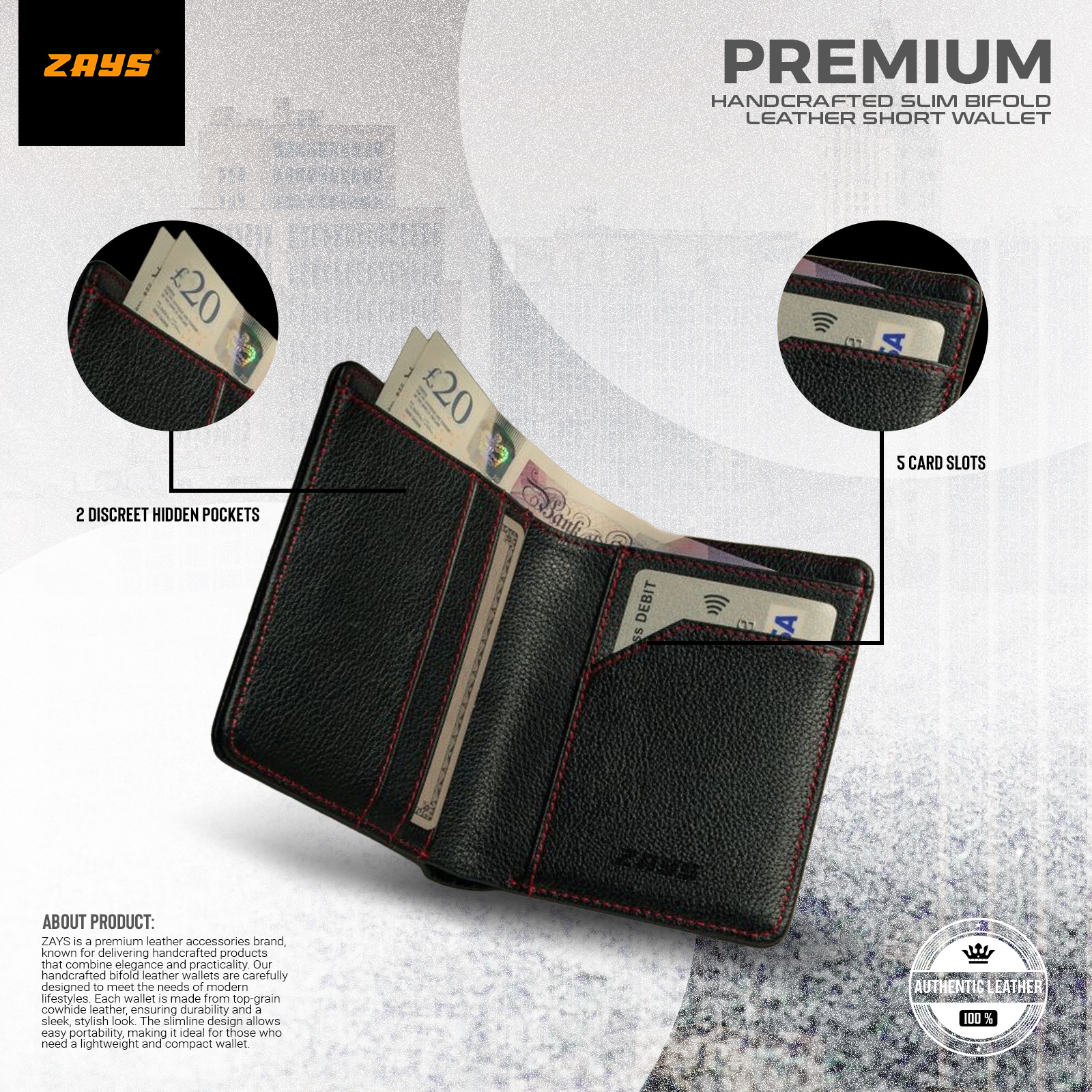 Picture of Zays Premium Handcrafted Slim Bifold Leather Short Wallet for Men & Women - Personalized Top-Grain Leather Wallet - Compact, Durable & Stylish