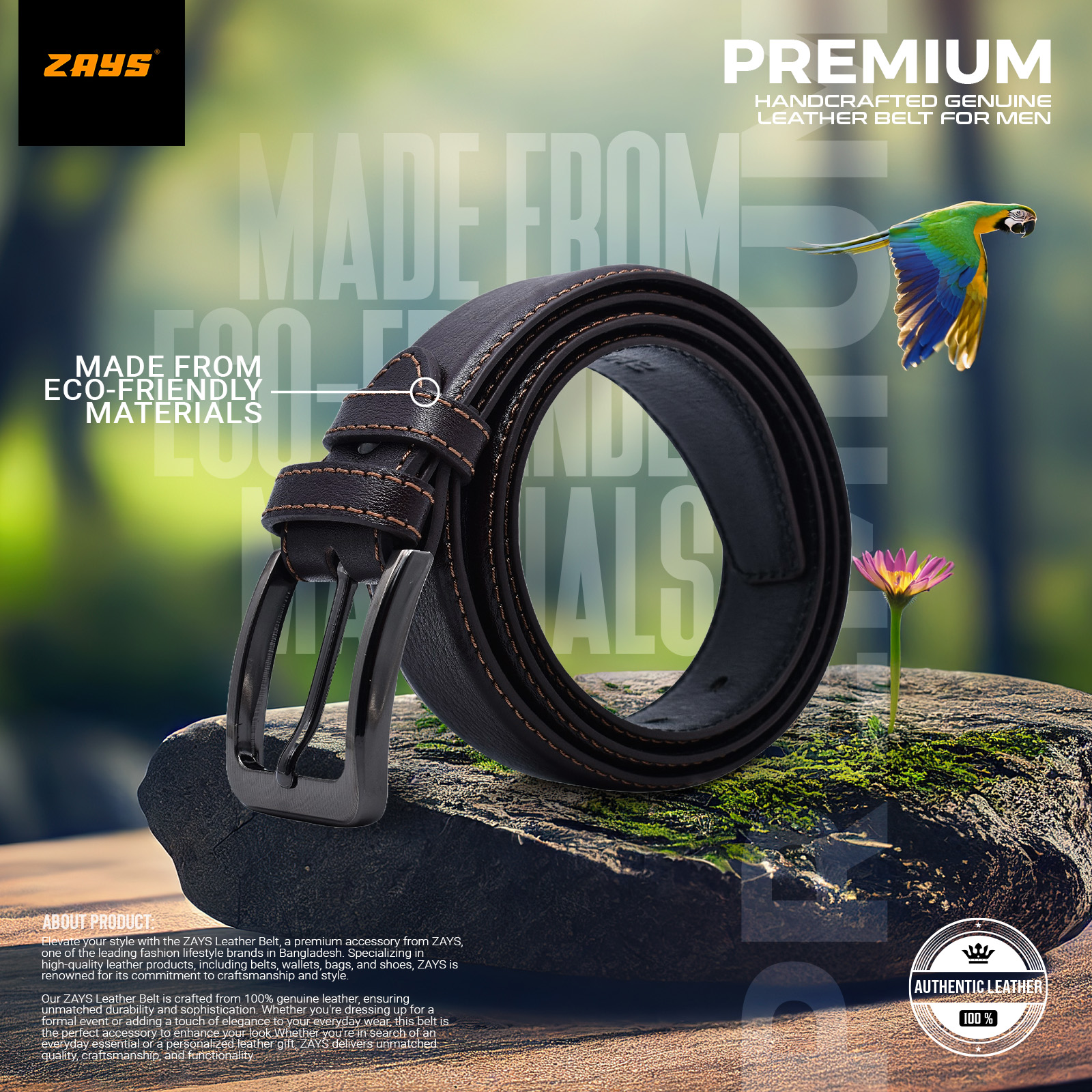 Picture of Zays Genuine Leather Belt for Men – Premium Full-Grain Cowhide, Handmade, Formal & Casual Use, Adjustable Fit, Exclusive Box Included, Stylish Black & Brown Belt for Office, Jeans, Eid, Wedding, Anniversary & Birthday Gift