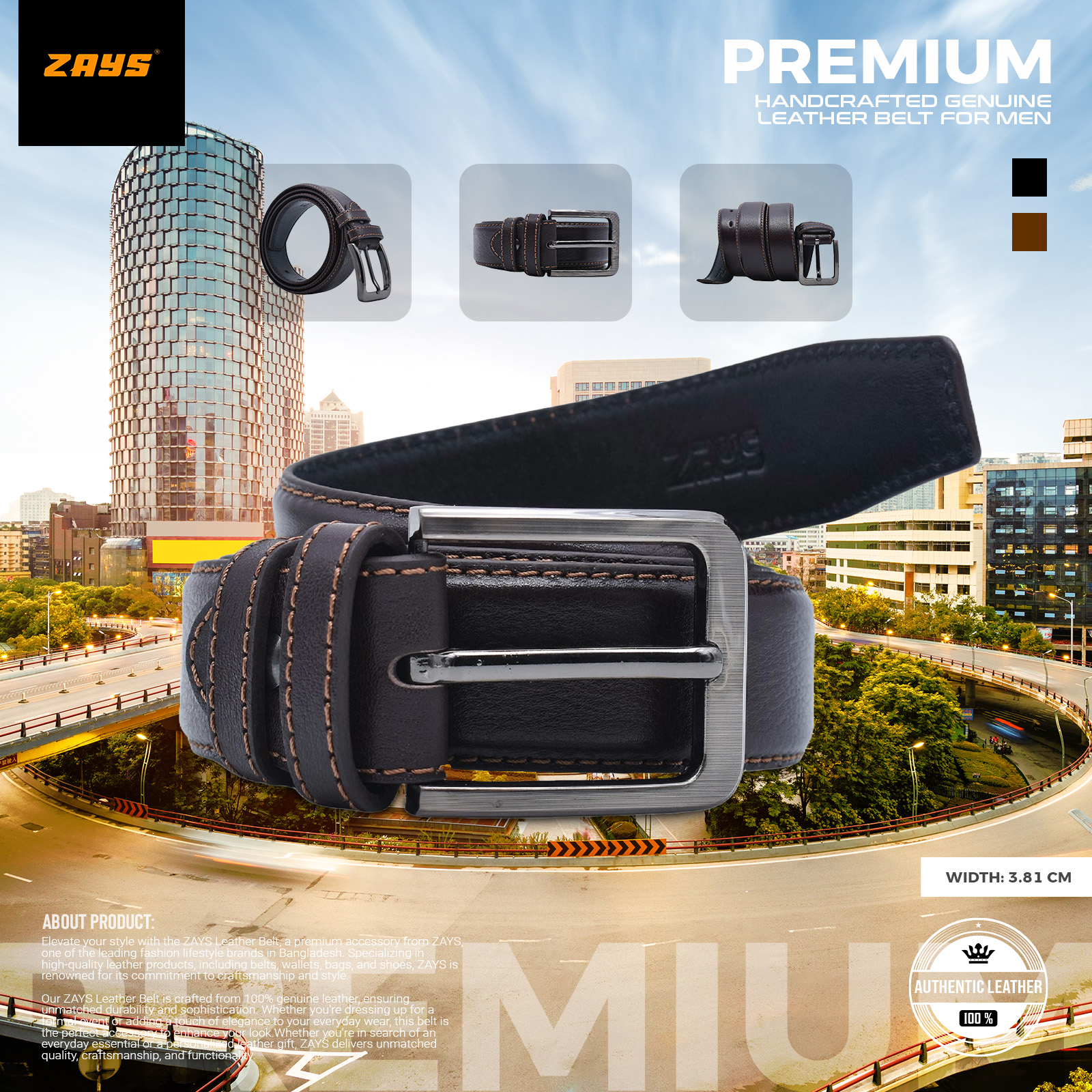 Picture of Zays Genuine Leather Belt for Men – Premium Full-Grain Cowhide, Handmade, Formal & Casual Use, Adjustable Fit, Exclusive Box Included, Stylish Black & Brown Belt for Office, Jeans, Eid, Wedding, Anniversary & Birthday Gift