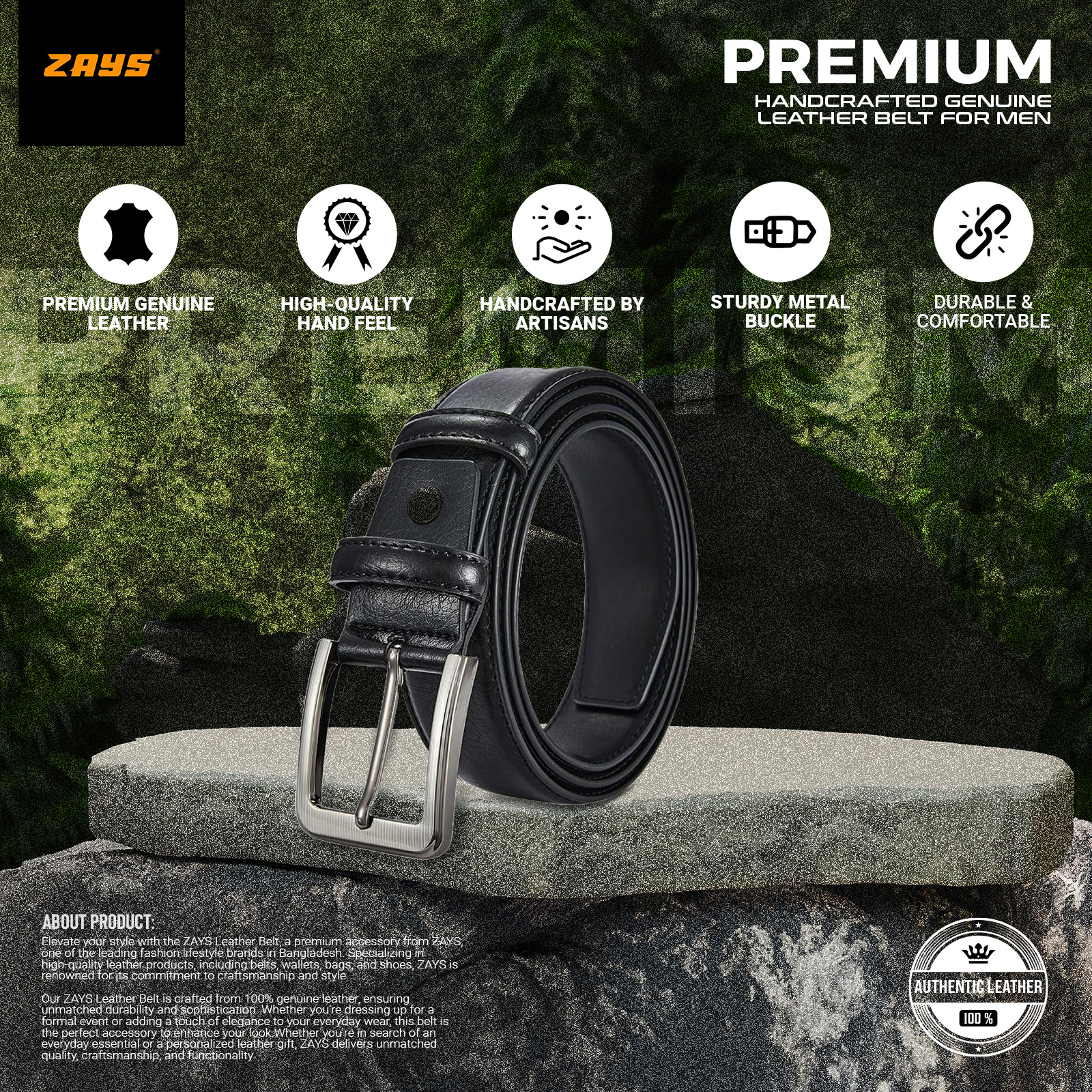 Picture of Zays Genuine Leather Belt for Men – Premium Full-Grain Cowhide, Handmade, Formal & Casual Use, Adjustable Fit, Exclusive Box Included, Stylish Black & Brown Belt for Office, Jeans, Eid, Wedding, Anniversary & Birthday Gift