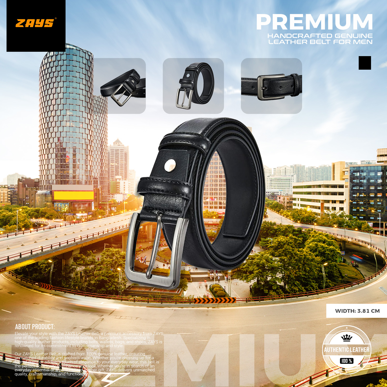 Picture of Zays Genuine Leather Belt for Men – Premium Full-Grain Cowhide, Handmade, Formal & Casual Use, Adjustable Fit, Exclusive Box Included, Stylish Black & Brown Belt for Office, Jeans, Eid, Wedding, Anniversary & Birthday Gift