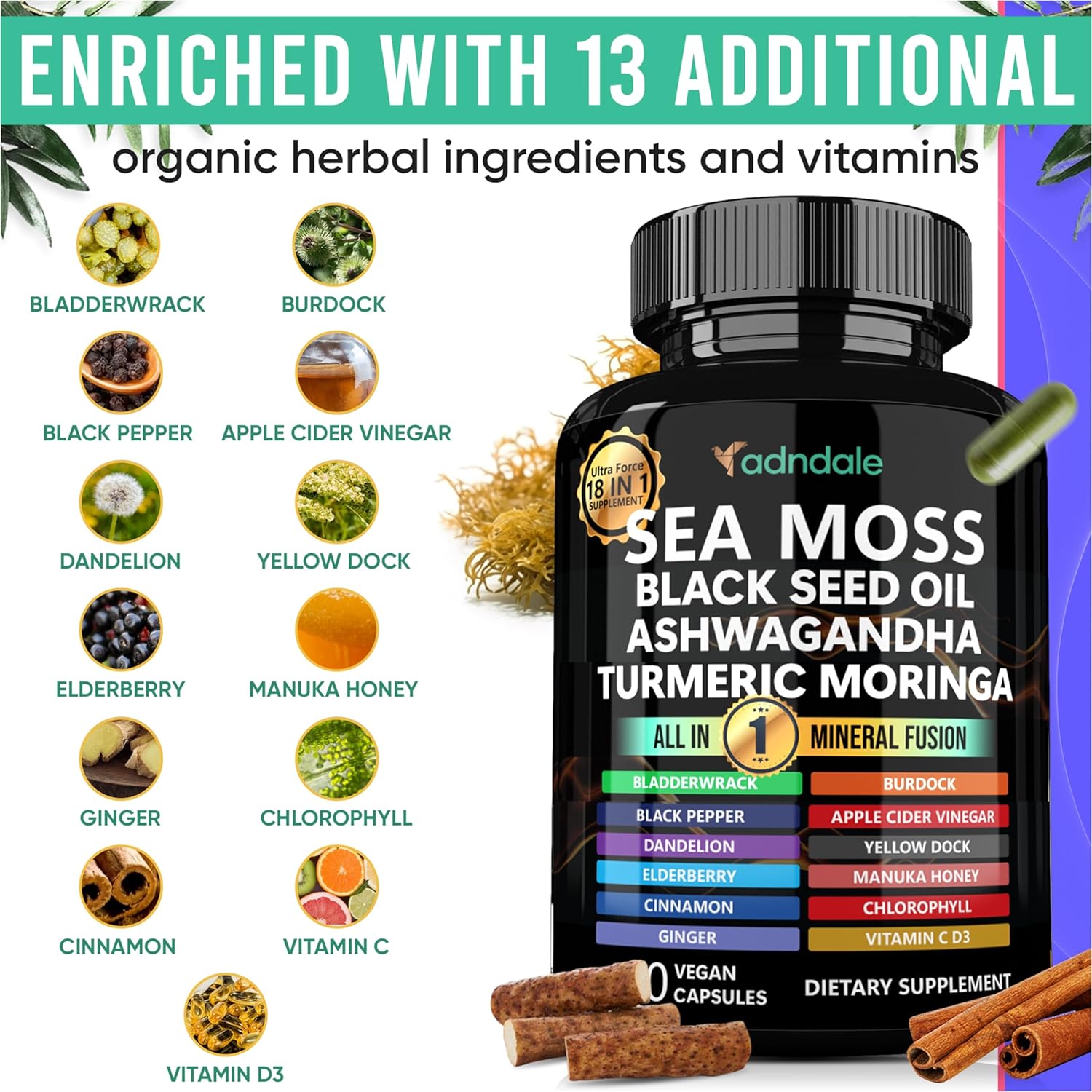 Picture of Adndale Sea Moss Black Seed Oil Ash wagandha Turmeric Moringa 90 capsules