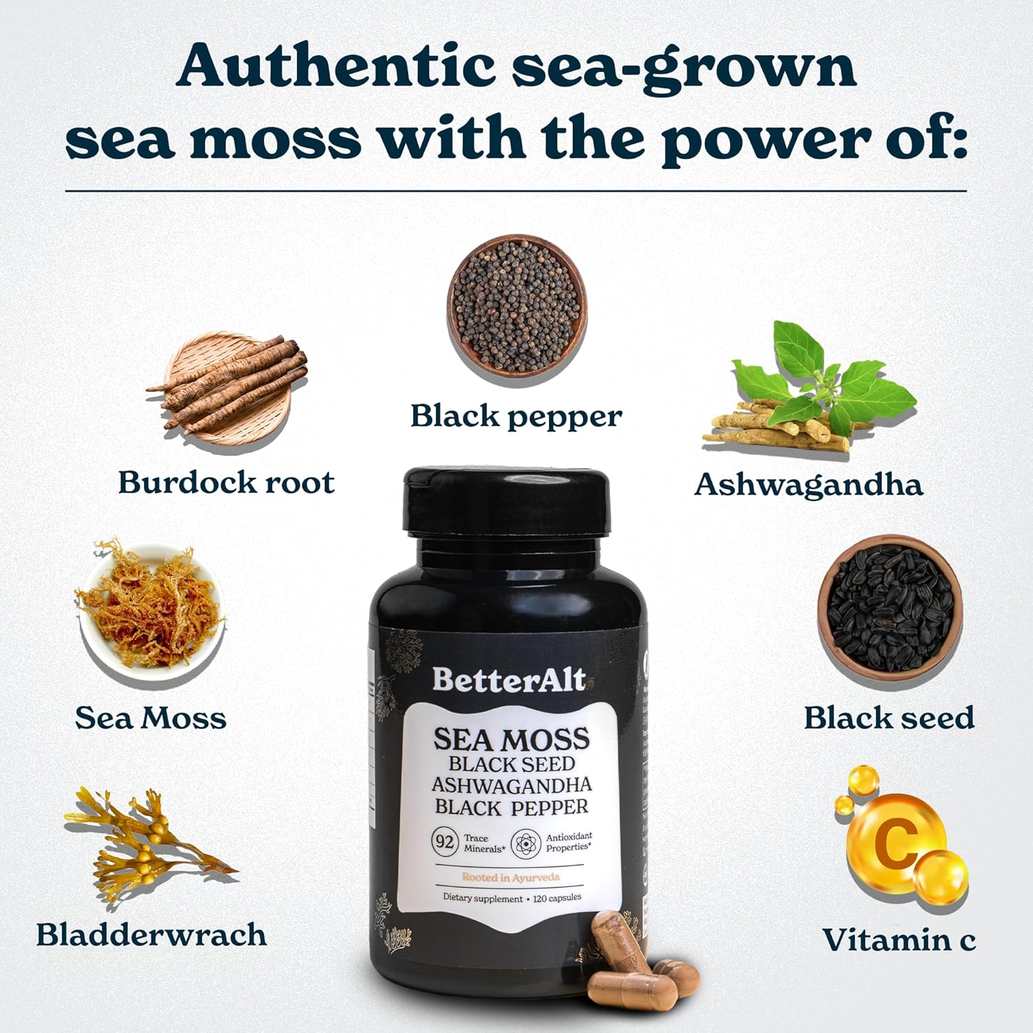 Picture of BetterAlt Seamoss Capsules- Irish Sea Moss with Black Seed Oil Ashwagandha & Black Pepper - 60 Servings, 120 Capsule