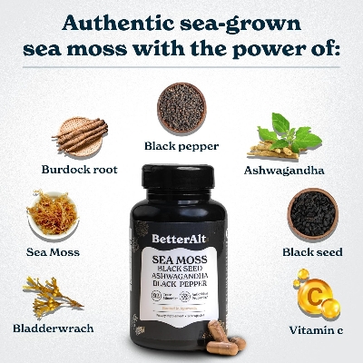 Picture of BetterAlt Seamoss Capsules- Irish Sea Moss with Black Seed Oil Ashwagandha & Black Pepper - 60 Servings, 120 Capsule