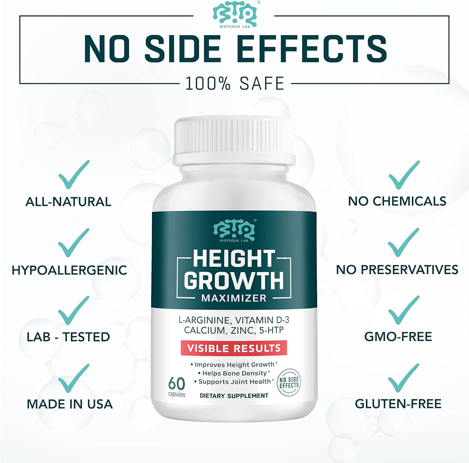 Picture of Bioteque Lab Height Growth Maximizer, Calcium, Vitamin D3 and Zinc Blend Pills, Bone Growth Supplement for Kids and Teens, Bone Strength, Density Support, GMO-Free, Gluten-Free, Made in USA, 60 Caps
