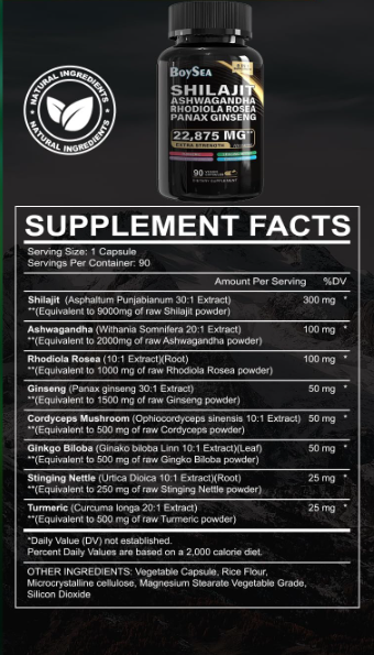 Picture of Boysea Shilajit Ashwagandha Rhodiola Rosea panax ginseng 22,875 mg 90 capsules