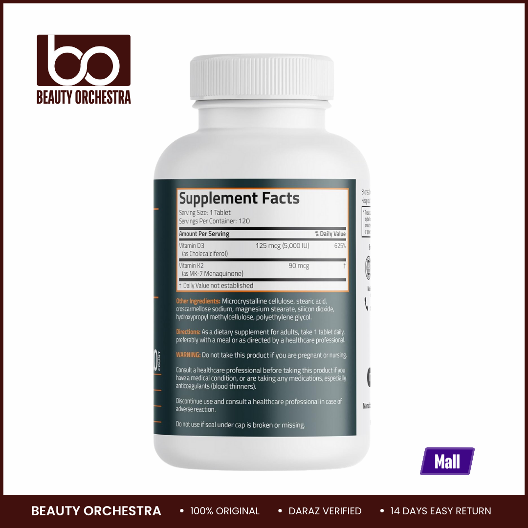 Picture of Bronson  Basics Vitamin K2 + D3 5,000 IU (125 mcg) - 120 Capsules (D3 K2 - USA)