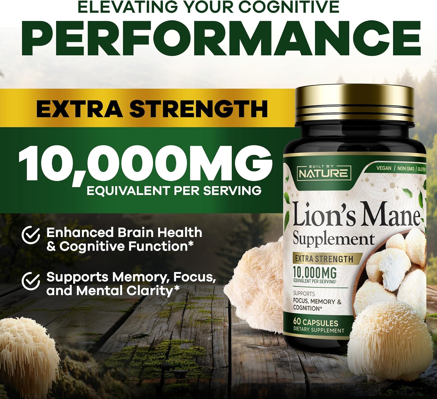 Picture of Built by Nature Lions Mane 10,000mg Extra Strength - 60 Capsules