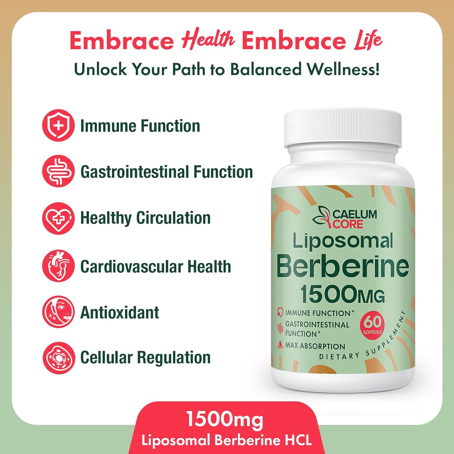 Picture of Caelum Core Liposomal Berberine HCL - Berberine 1500mg High Bioavailability Berberines Supplement for Women and Men - 60 Softgels