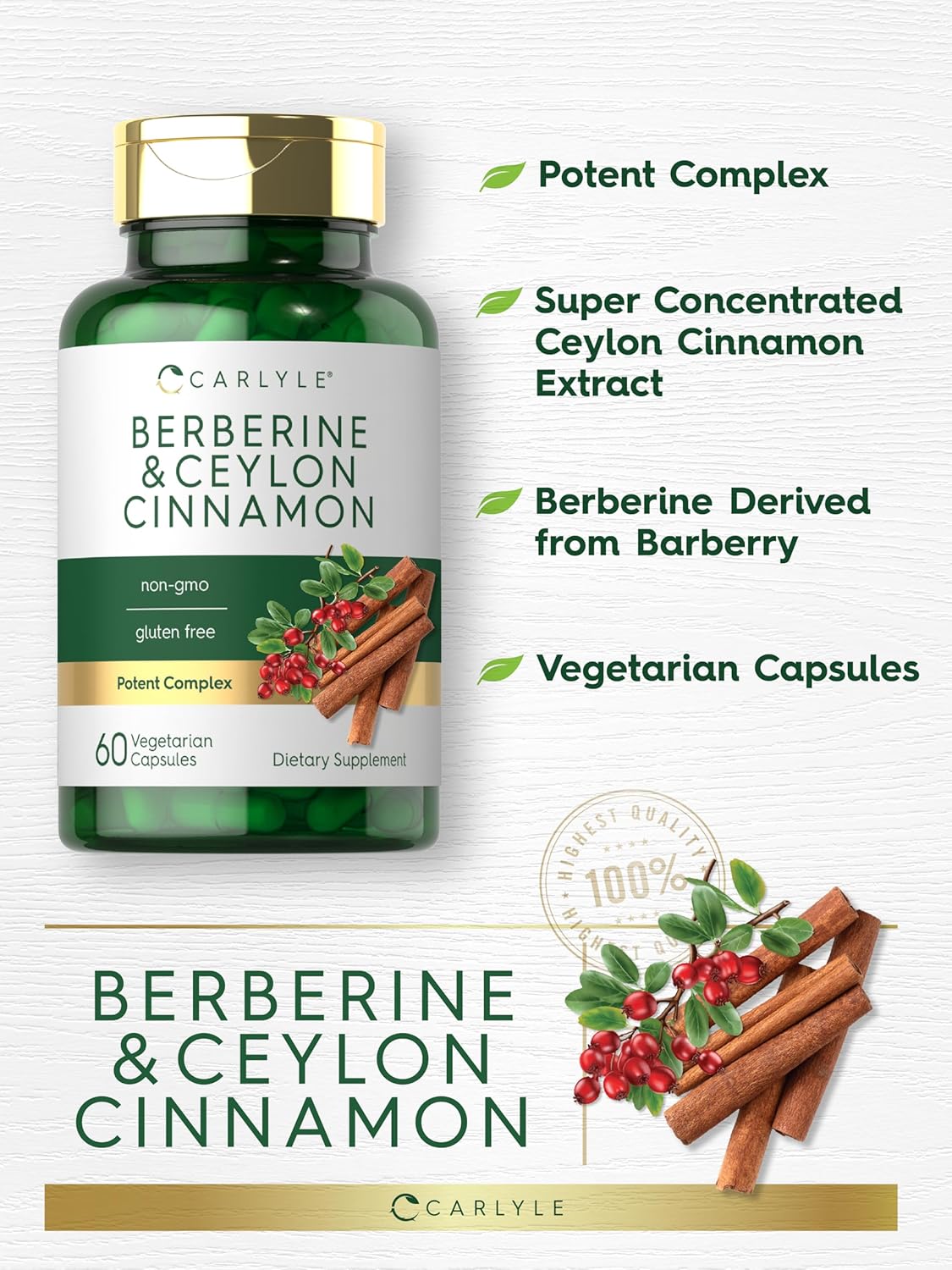 Picture of Carlyle Berberine with Ceylon Cinnamon 2000mg Complex 60 Capsules