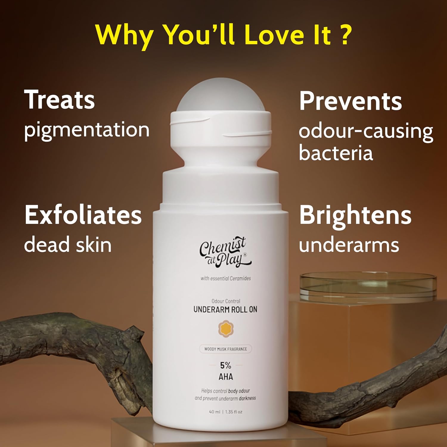 Picture of Chemist at Play UnderArm Roll-On with 5% AHA Lactic Acid & 1% Mandelic Woody Musk Fragrance 40ml