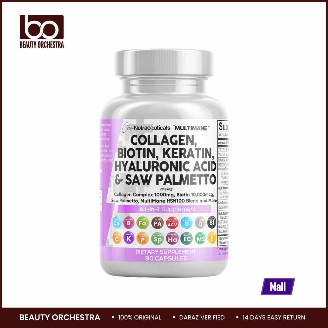 Picture of Clean Nutraceuticals Collagen Pills 1000mg Biotin 10000mcg Keratin Saw Palmetto Hyaluronic Acid - Hair Skin & Nails Vitamins & DHT Blocker - 90 Count
