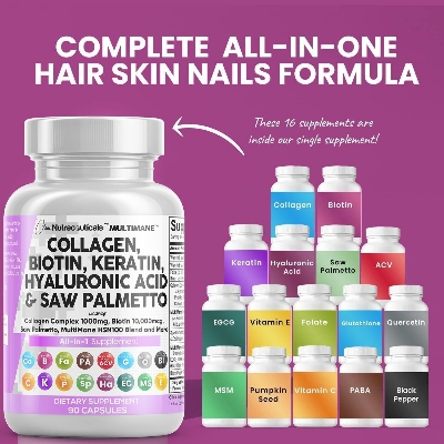 Picture of Clean Nutraceuticals Collagen Pills 1000mg Biotin 10000mcg Keratin Saw Palmetto Hyaluronic Acid - Hair Skin & Nails Vitamins & DHT Blocker - 90 Count