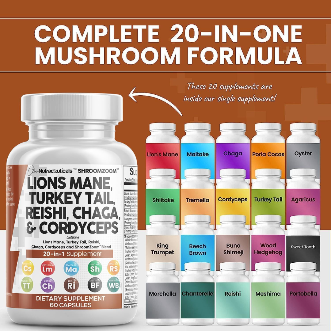 Picture of Clean Nutraceuticals Lions Mane 3000mg 20in1 Mushroom Supplement with Turkey Tail 2000mg Reishi 1000mg Cordyceps Chaga 1000mg Maitake Meshima Poria Cocos Shiitake Oyster Porcini Enoki 60 Count