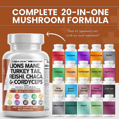 Picture of Clean Nutraceuticals Lions Mane 3000mg 20in1 Mushroom Supplement with Turkey Tail 2000mg Reishi 1000mg Cordyceps Chaga 1000mg Maitake Meshima Poria Cocos Shiitake Oyster Porcini Enoki 60 Count