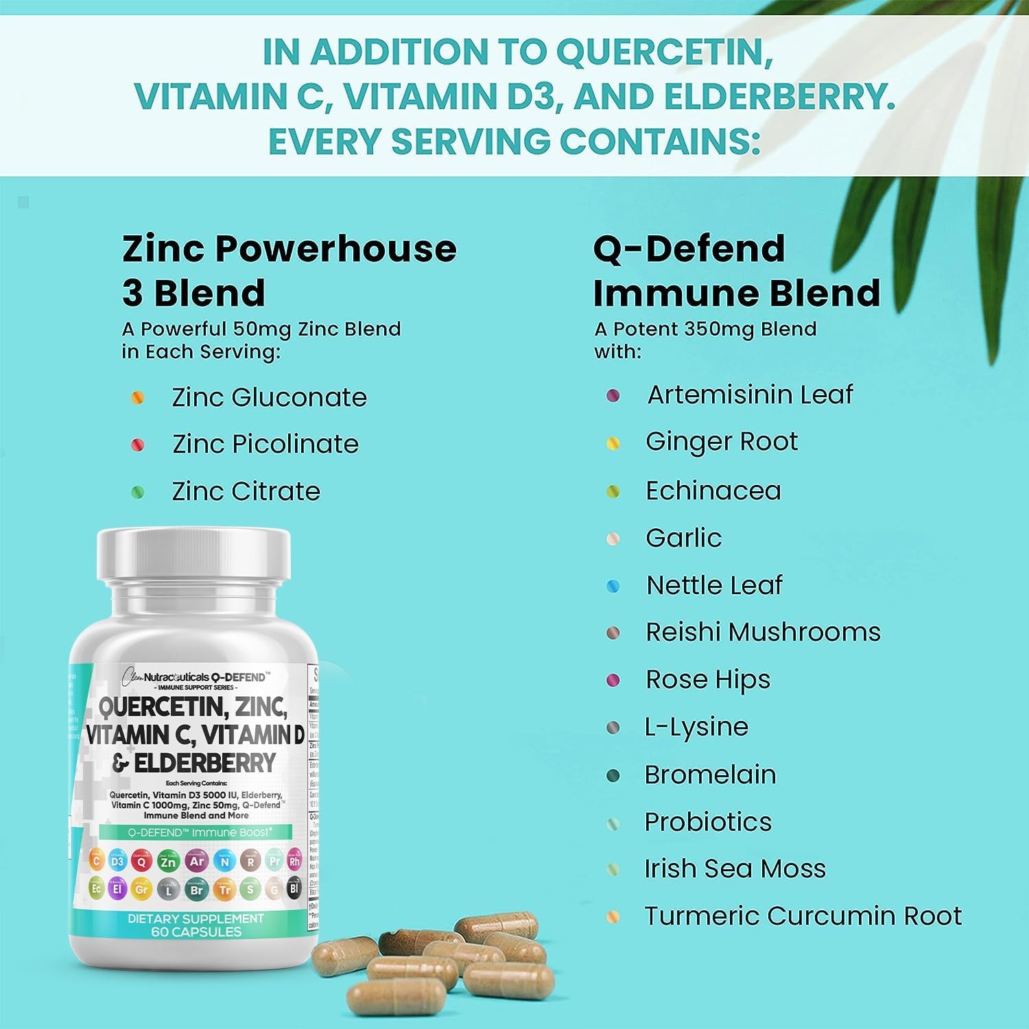 Picture of Clean Nutraceuticals Quercetin Zinc Vitamin C Vitamin D Bromelain Elderberry - 60 Capsules