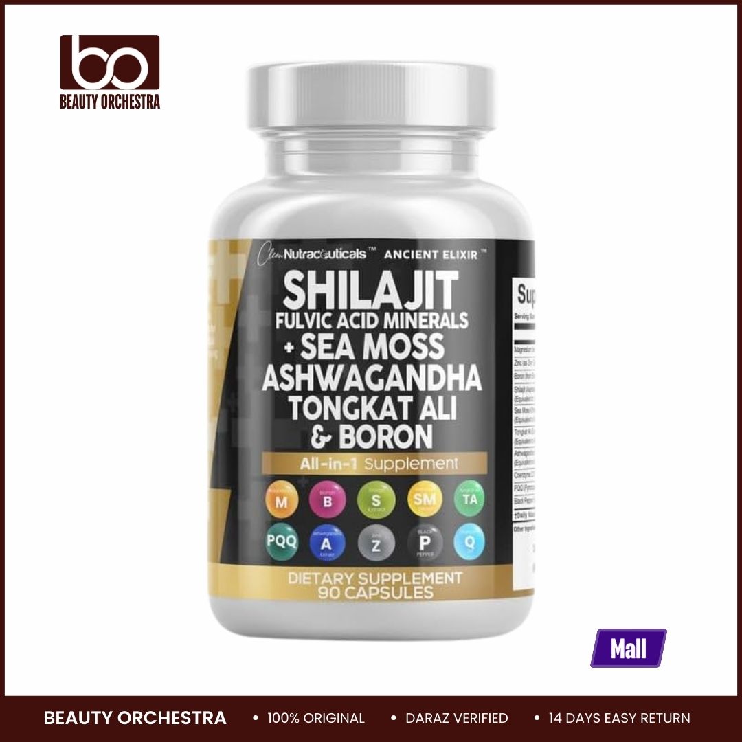 Picture of Clean Nutraceuticals Shilajit Supplement with Sea Moss, Ashwagandha, Tongkat Ali, Boron, Magnesium - Fulvic Acid Capsules for Men - 90 Count