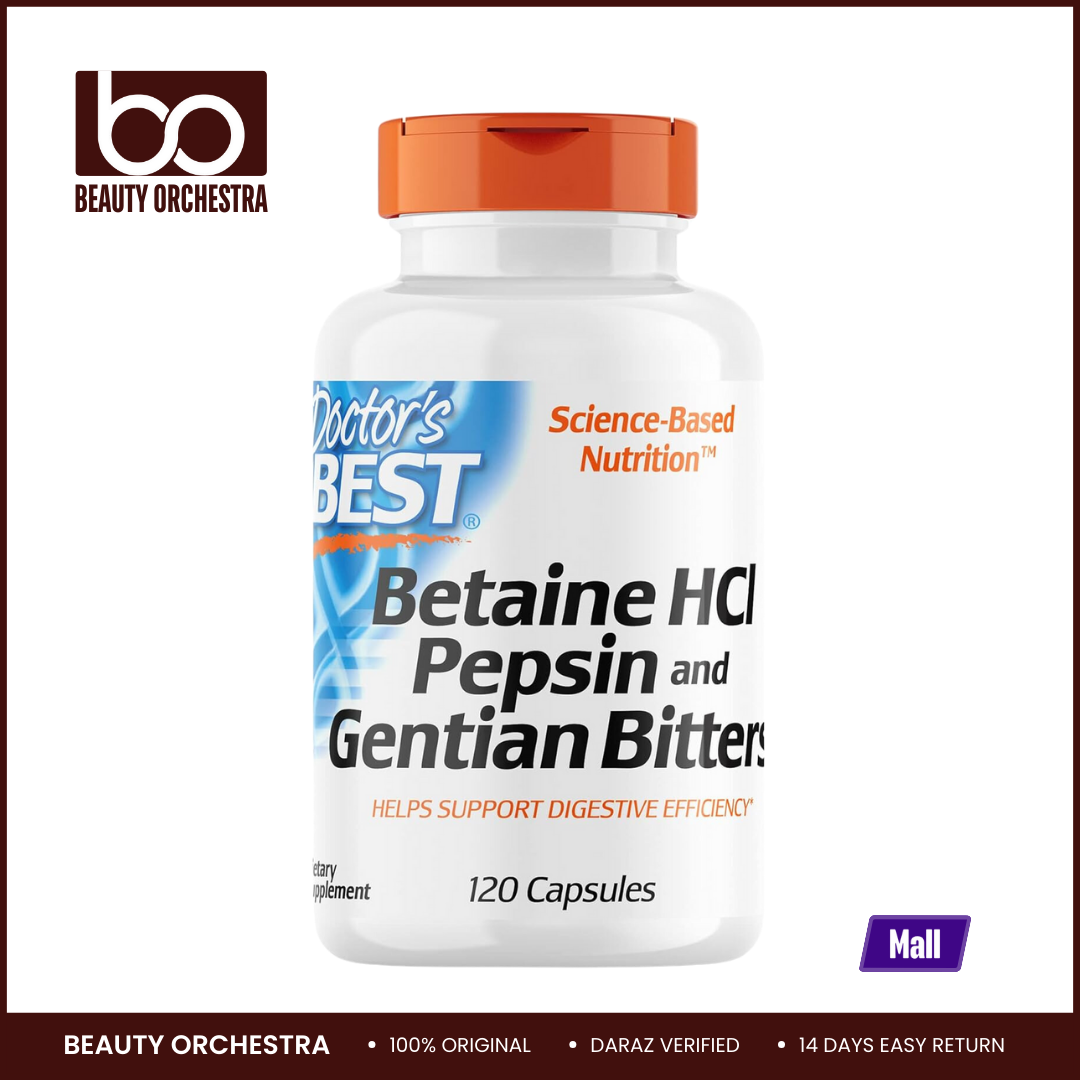 Picture of Doctor's Best Betaine HCI Pepsin & Gentian Bitters - 120 Capsules (HCl, Digestive Enzymes for Protein Breakdown & Absorption, Non-GMO, Gluten Free)