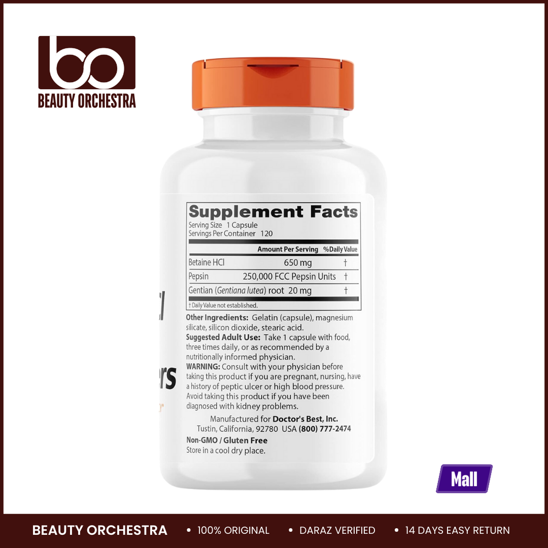 Picture of Doctor's Best Betaine HCI Pepsin & Gentian Bitters - 120 Capsules (HCl, Digestive Enzymes for Protein Breakdown & Absorption, Non-GMO, Gluten Free)