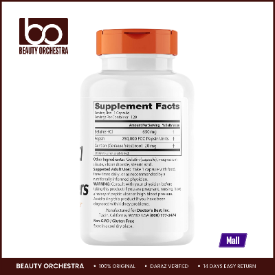 Picture of Doctor's Best Betaine HCI Pepsin & Gentian Bitters - 120 Capsules (HCl, Digestive Enzymes for Protein Breakdown & Absorption, Non-GMO, Gluten Free)