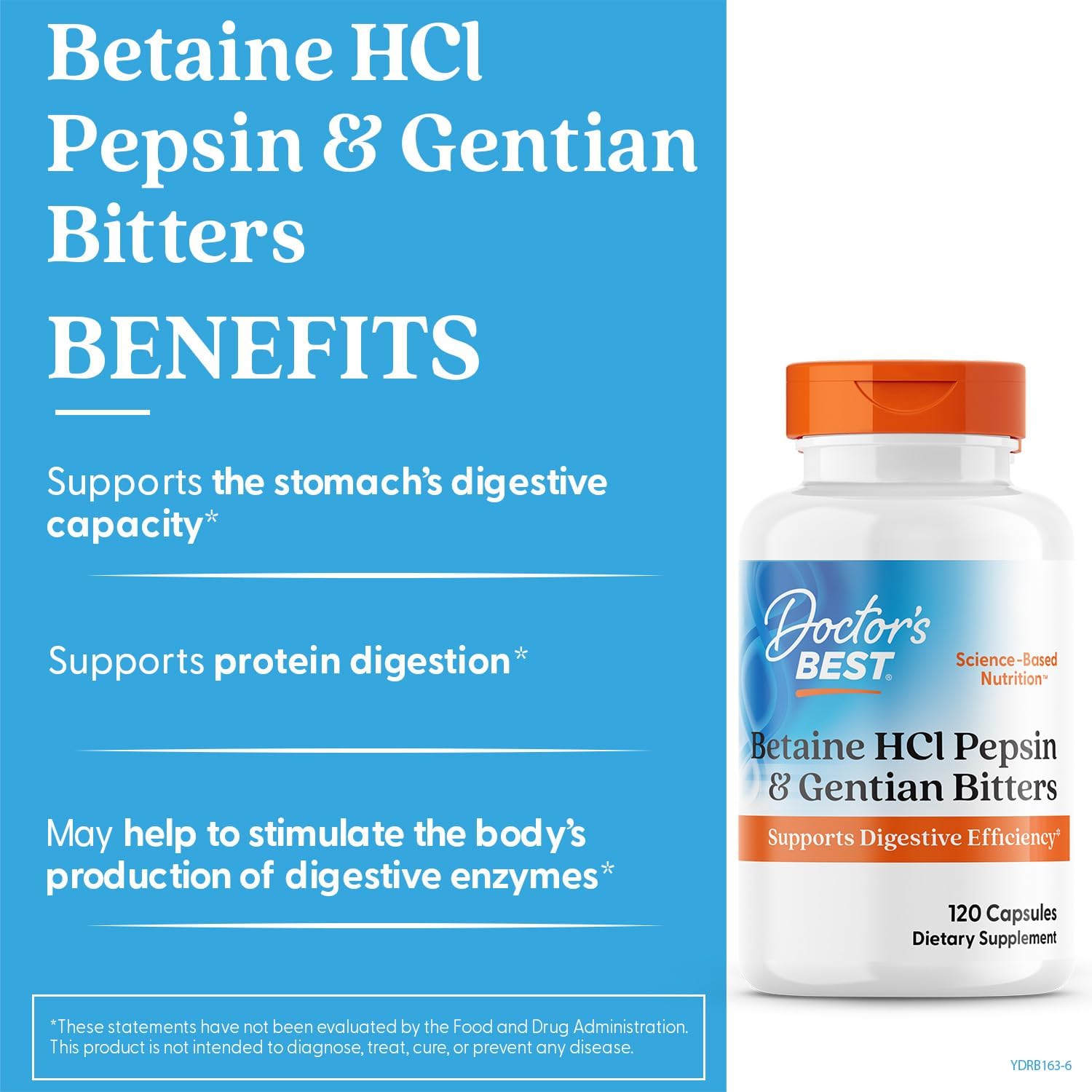 Picture of Doctor's Best Betaine HCI Pepsin & Gentian Bitters Digestive Enzymes for Protein Breakdown & Absorption 120 Capsules