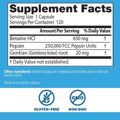 Picture of Doctor's Best Betaine HCI Pepsin & Gentian Bitters Digestive Enzymes for Protein Breakdown & Absorption 120 Capsules