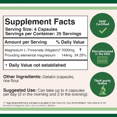Picture of Double Wood Magtein™ Magnesium L Threonate 2,000 mg – 100 Capsules