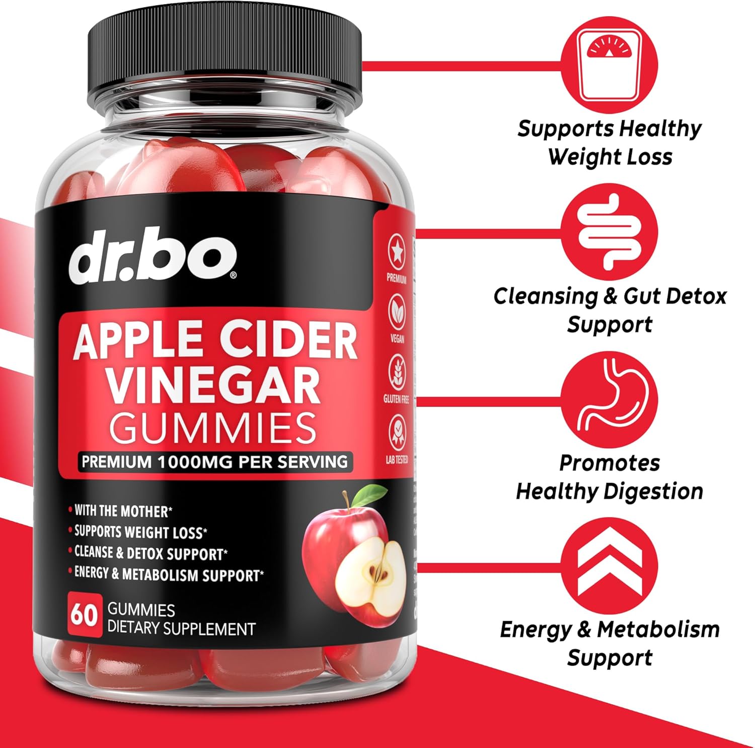Picture of Dr Bo Apple Cider Vinegar Gummies - Natural Support for Advanced Weight Loss Detox Cleansing Digestion Plus Gut Health - ACV Gummies Supplements with 1000MG Apple Cider Vinegar Gummy with The Mother