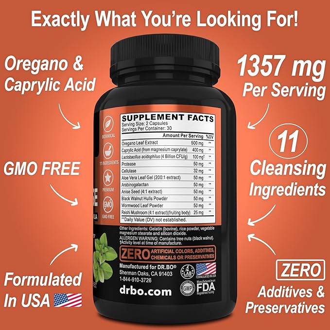 Picture of DR BO Candi Cleanse 60 counts, Anti Overgrowth Supplements for Women & Men - Extra Strength Balance Control Probiotic Complex Cleanser - Natural Oral Herbal Oregano & Caprylic Acid Capsules