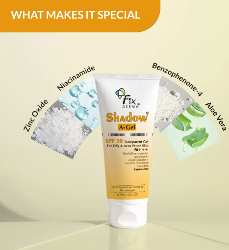 Picture of Fixderma Sunscreen - SPF 30 PA+++ Shadow A-Gel SPF 30 Sunscreen for Acne Prone Skin, Non-Greasy Sunscreen Gel - 75 g