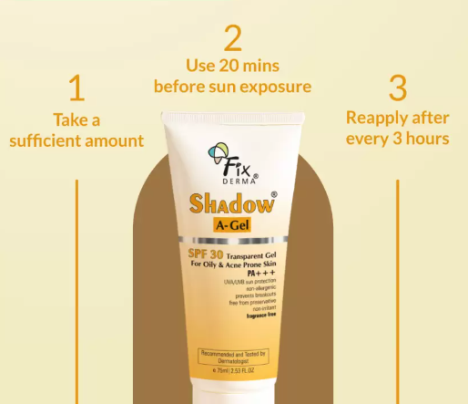 Picture of Fixderma Sunscreen - SPF 30 PA+++ Shadow A-Gel SPF 30 Sunscreen for Acne Prone Skin, Non-Greasy Sunscreen Gel - 75 g