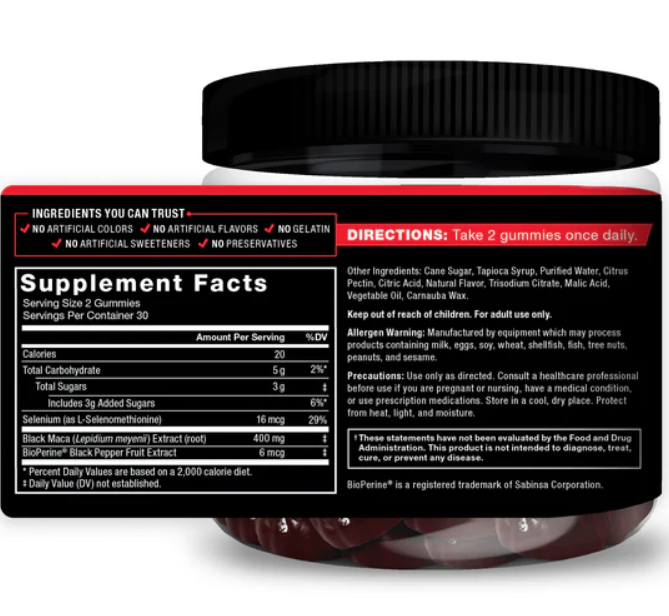 Picture of Force Factor Black Maca Gummies Black Maca Root to Enhance Male Vitality Increase Energy & Strength with BioPerine for Superior Absorption Delicious Passion Berry Flavor 60 Gummies