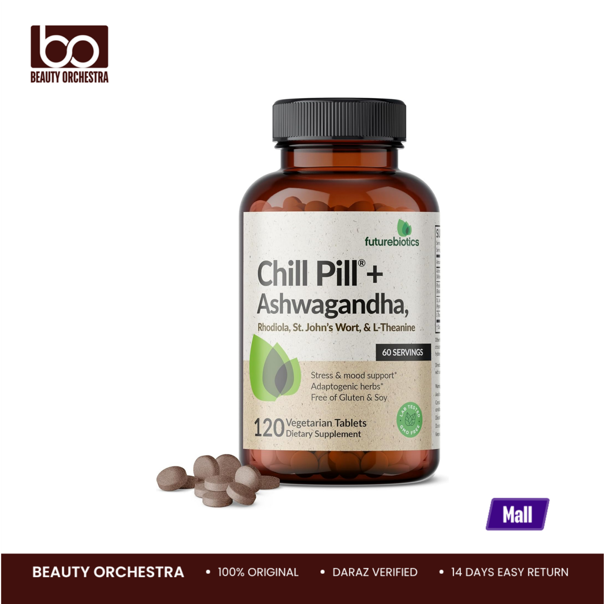 Picture of Futurebiotics Chill Pill + Ash-wa-gandha Rhodiola St. John’s Wort & L-Theanine 120 Vegetarian Tablets