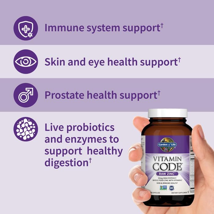 Picture of Garden of Life Zinc Supplements 30mg High Potency Raw Zinc and Vitamin C Multimineral Supplement Vitamin Code Vitamins Trace Minerals & Probiotics for Skin Health & Immune Support 60 Vegan Capsules