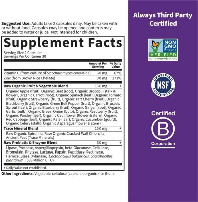 Picture of Garden of Life Zinc Supplements 30mg High Potency Raw Zinc and Vitamin C Multimineral Supplement Vitamin Code Vitamins Trace Minerals & Probiotics for Skin Health & Immune Support 60 Vegan Capsules