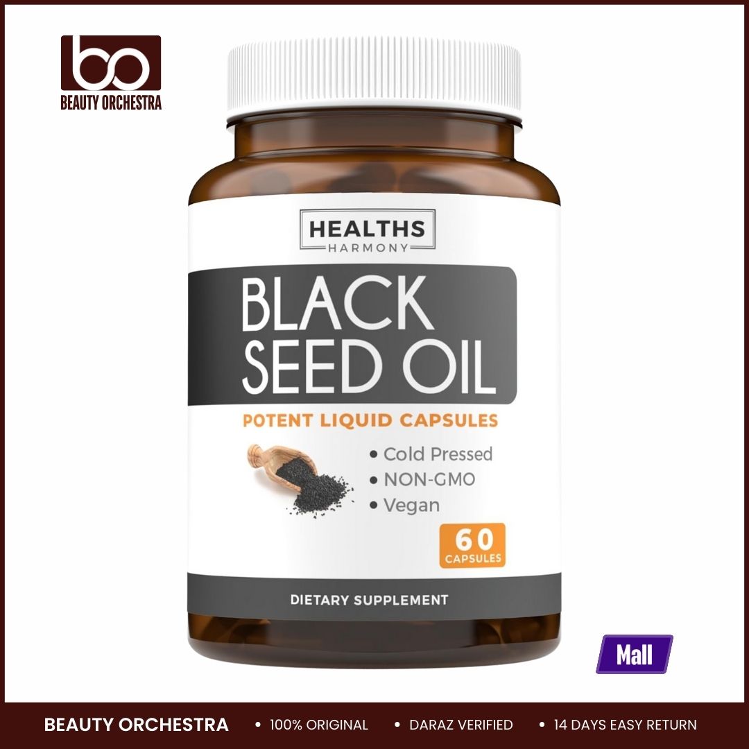 Picture of Healths Harmony Black Seed Oil - 60 Softgel Capsules (Non-GMO & Vegan) Premium Cold-Pressed Nigella Sativa Producing Pure Black Cumin Seed Oil with Vitamin E - 500mg Each, 1000mg Per 2 Capsule Serving