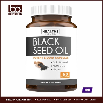 Picture of Healths Harmony Black Seed Oil - 60 Softgel Capsules (Non-GMO & Vegan) Premium Cold-Pressed Nigella Sativa Producing Pure Black Cumin Seed Oil with Vitamin E - 500mg Each, 1000mg Per 2 Capsule Serving