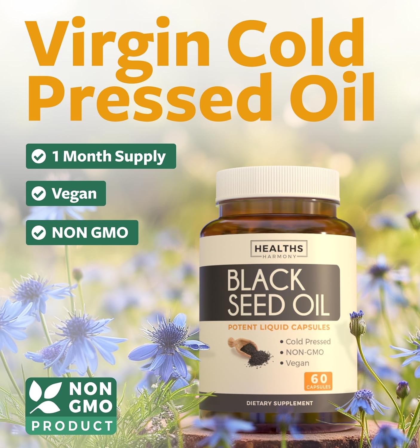 Picture of Healths Harmony Black Seed Oil - 60 Softgel Capsules (Non-GMO & Vegan) Premium Cold-Pressed Nigella Sativa Producing Pure Black Cumin Seed Oil with Vitamin E - 500mg Each, 1000mg Per 2 Capsule Serving