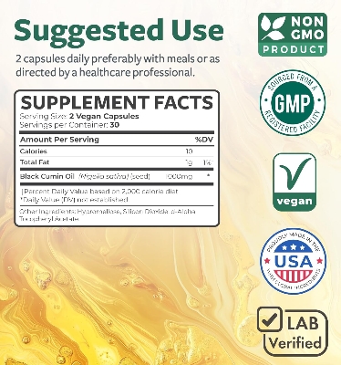 Picture of Healths Harmony Black Seed Oil - 60 Softgel Capsules (Non-GMO & Vegan) Premium Cold-Pressed Nigella Sativa Producing Pure Black Cumin Seed Oil with Vitamin E - 500mg Each, 1000mg Per 2 Capsule Serving