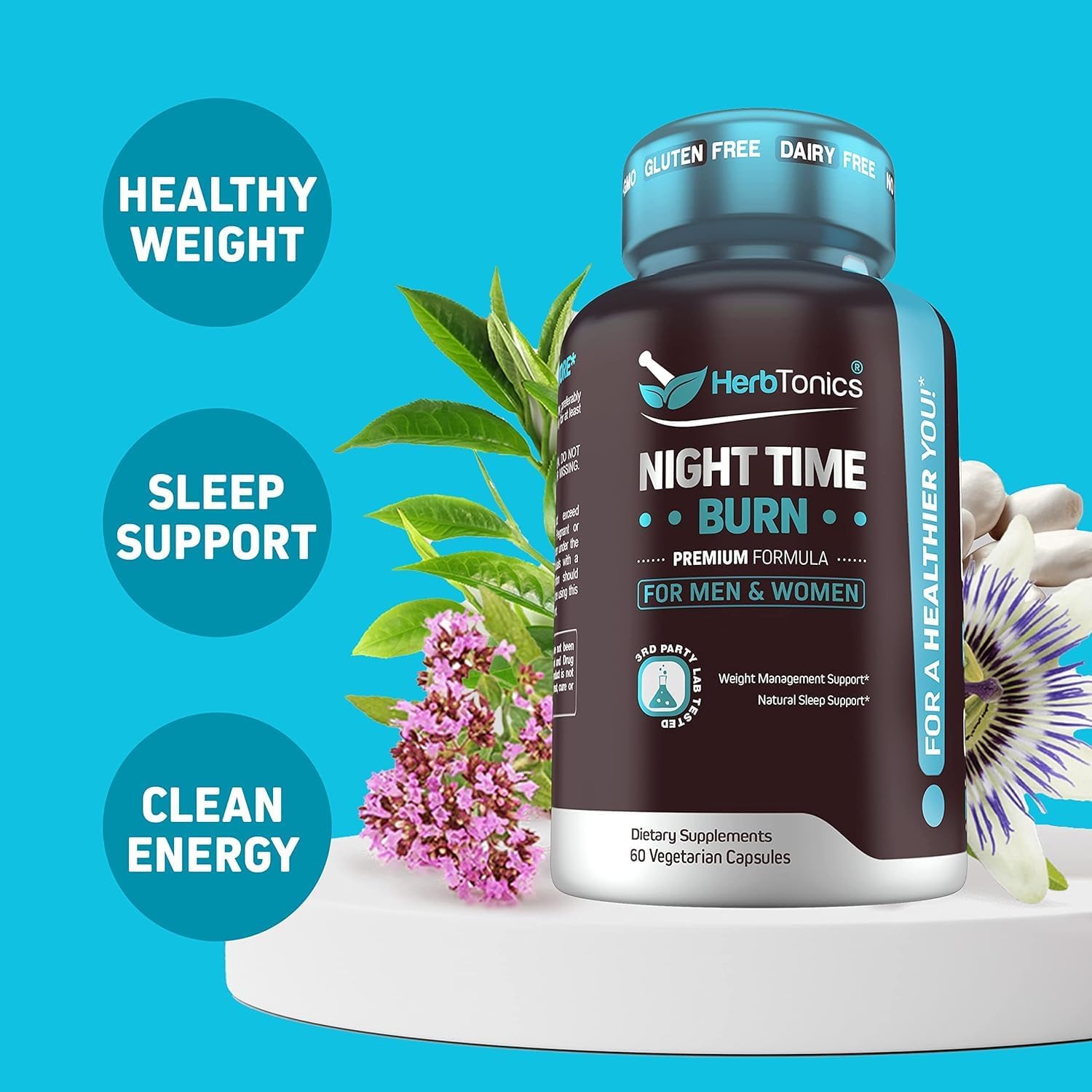 Picture of Herbtonics Night Time Burn Weight Supplement with Melatonin to Support Sleep & Metabolism 60 Vegan Capsules