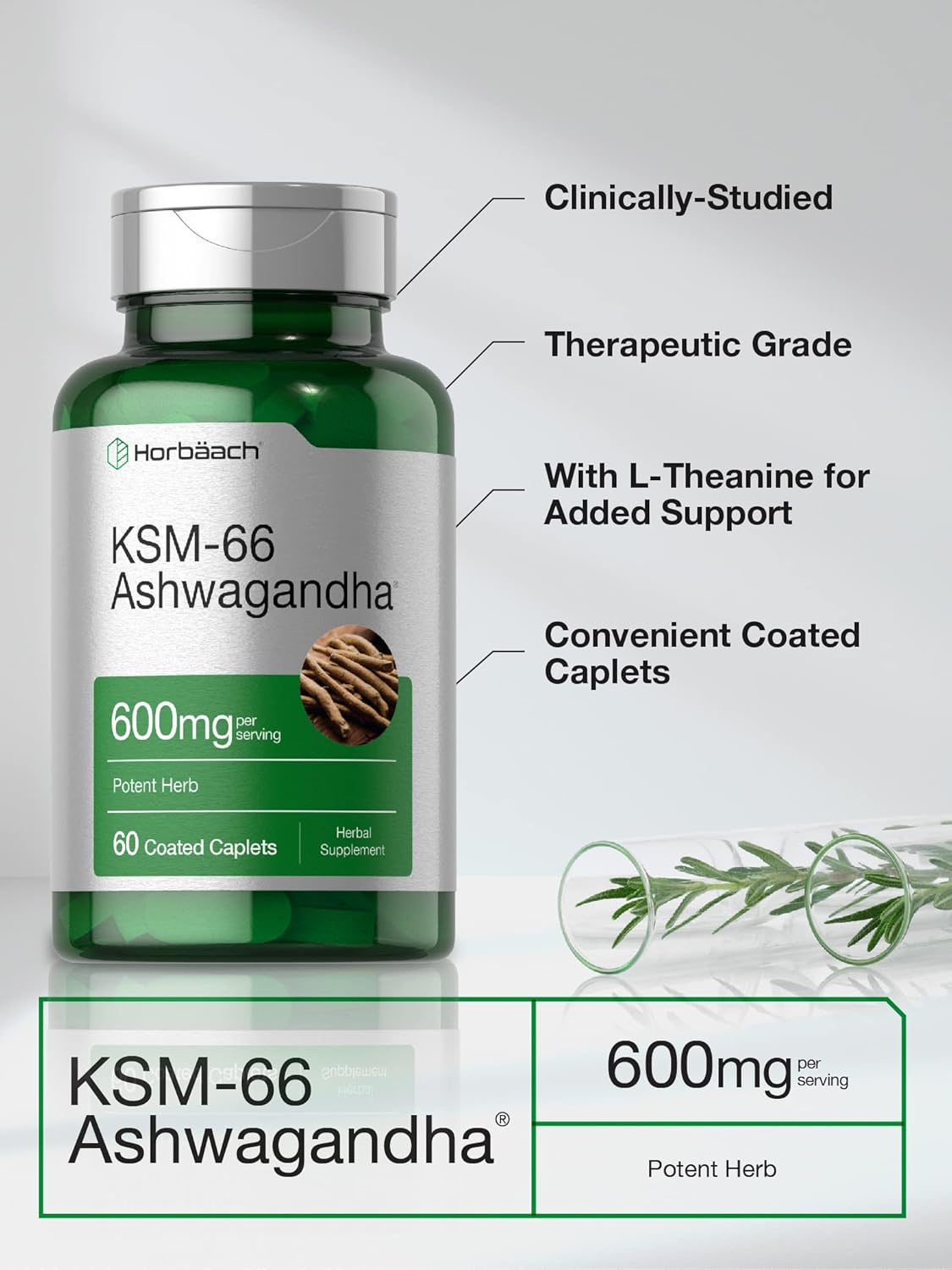Picture of Horbaach KSM-66 Ashwagandha 600mg with L-Theanine 60 Coated Caplets
