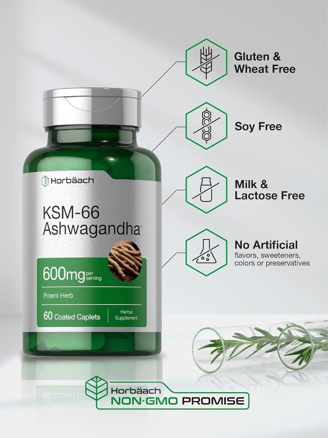 Picture of Horbaach KSM-66 Ashwagandha 600mg with L-Theanine 60 Coated Caplets