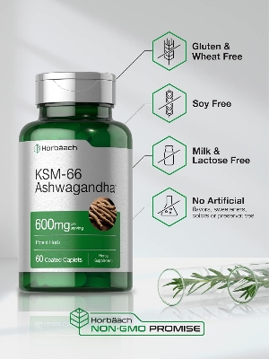 Picture of Horbaach KSM-66 Ashwagandha 600mg with L-Theanine 60 Coated Caplets