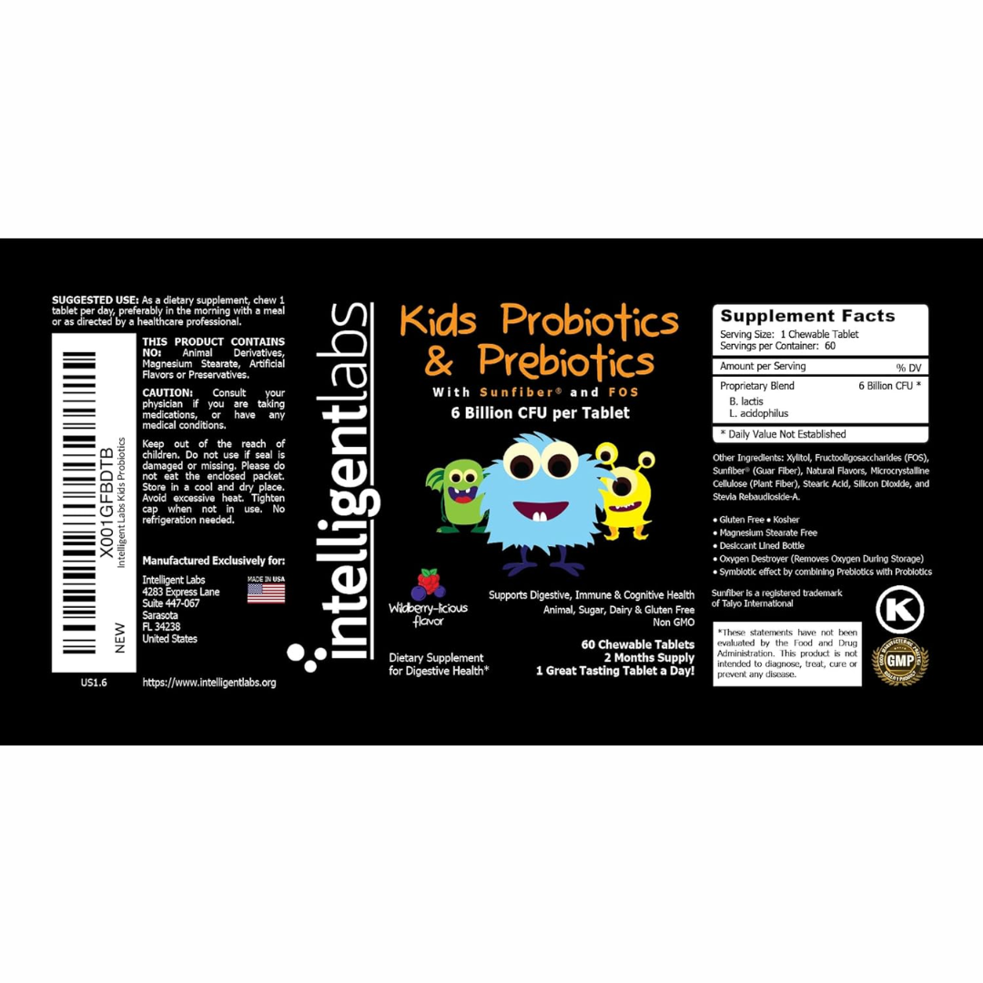 Picture of Intelligent labs 6 Billion CFU Kids / Children's Probiotics with Prebiotics, Sunfiber and Fos, for 10x More Effectiveness. One A Day Great Taste Chewable Probiotic, 2 Months Supply Per Bottle