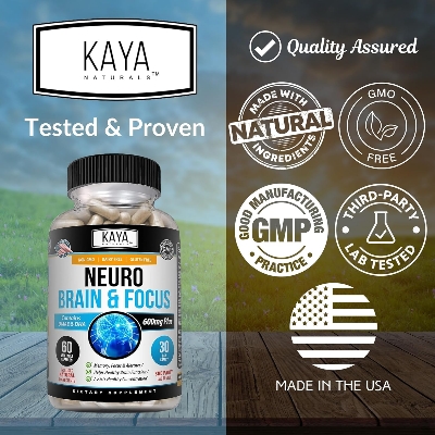 Picture of Kaya Naturals - Neuro Brain for Memory & Focus - Nootropic Energy Capsule - Nootropic Brain Support Supplement - Focus & Concentration & Learning Accuracy - Cognitive Function - 60 Count