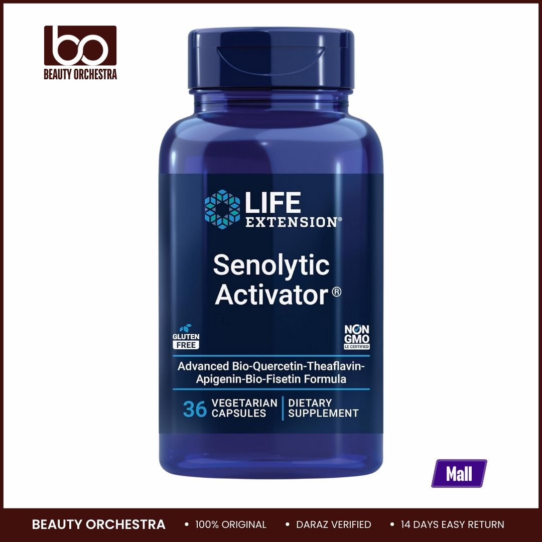 Picture of Life Extension Senolytic Activator®, healthy aging, cellular health support, bioavailable quercetin and fisetin, apigenin, black tea theaflavins, gluten.