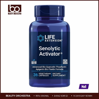 Picture of Life Extension Senolytic Activator®, healthy aging, cellular health support, bioavailable quercetin and fisetin, apigenin, black tea theaflavins, gluten.