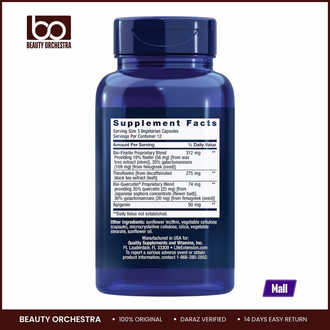 Picture of Life Extension Senolytic Activator®, healthy aging, cellular health support, bioavailable quercetin and fisetin, apigenin, black tea theaflavins, gluten.