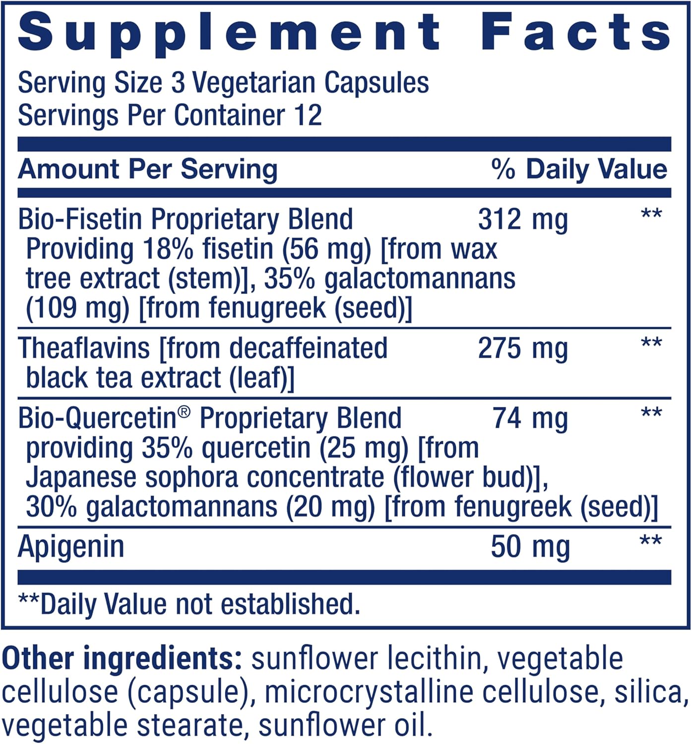 Picture of Life Extension Senolytic Activator®, healthy aging, cellular health support, bioavailable quercetin and fisetin, apigenin, black tea theaflavins, gluten.