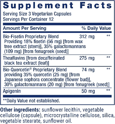 Picture of Life Extension Senolytic Activator®, healthy aging, cellular health support, bioavailable quercetin and fisetin, apigenin, black tea theaflavins, gluten.